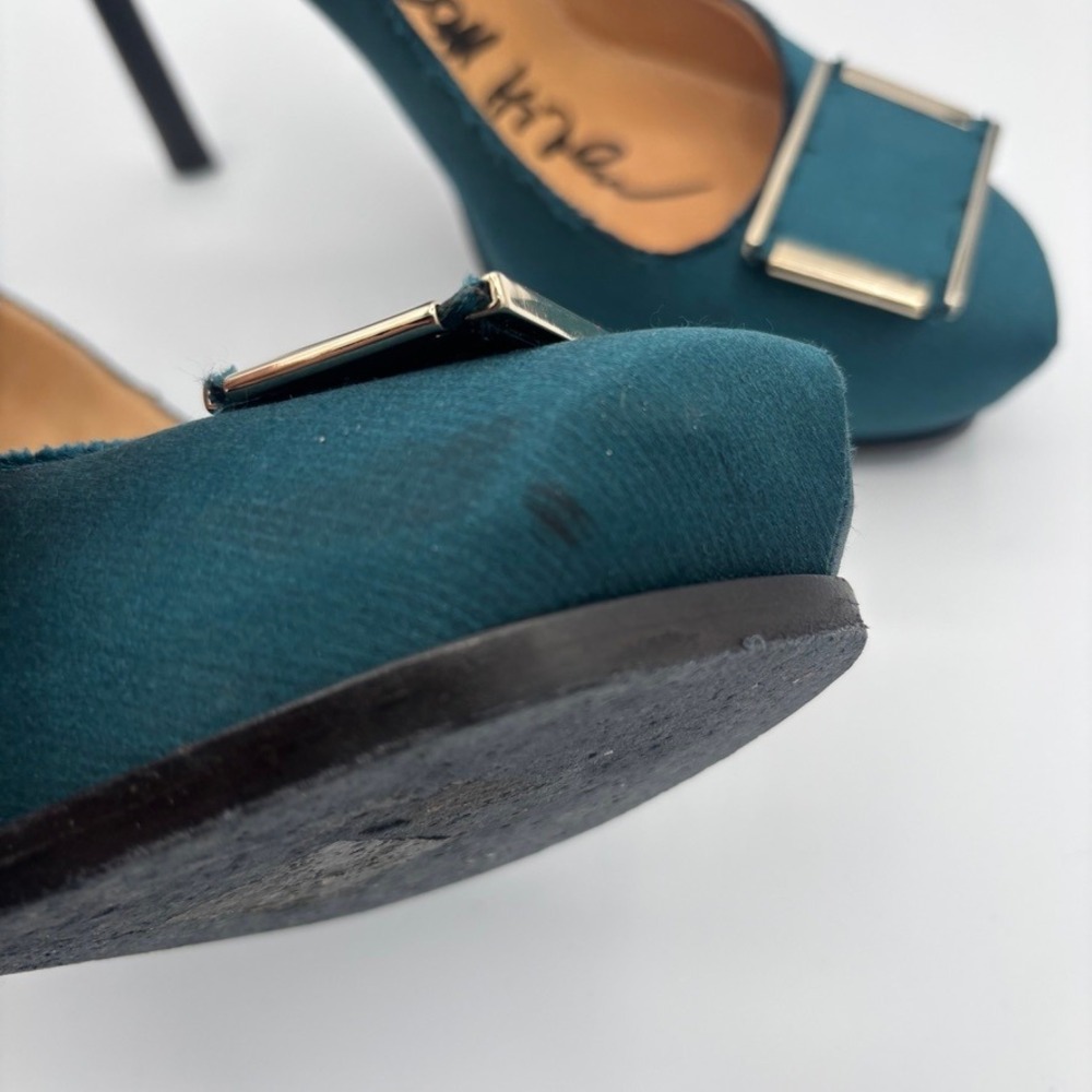 Lanvin Platform Pumps Women Sz 39 Teal Satin Buckle Stiletto Heel Luxury - Picture 14 of 16